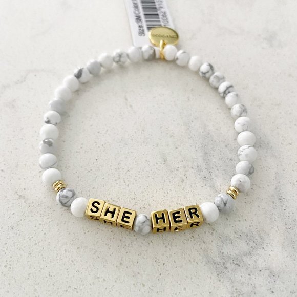 🌺SOLD🌺Little Words Project White Gold She Her Pronoun Beaded Stretch Bracelet - Picture 2 of 5